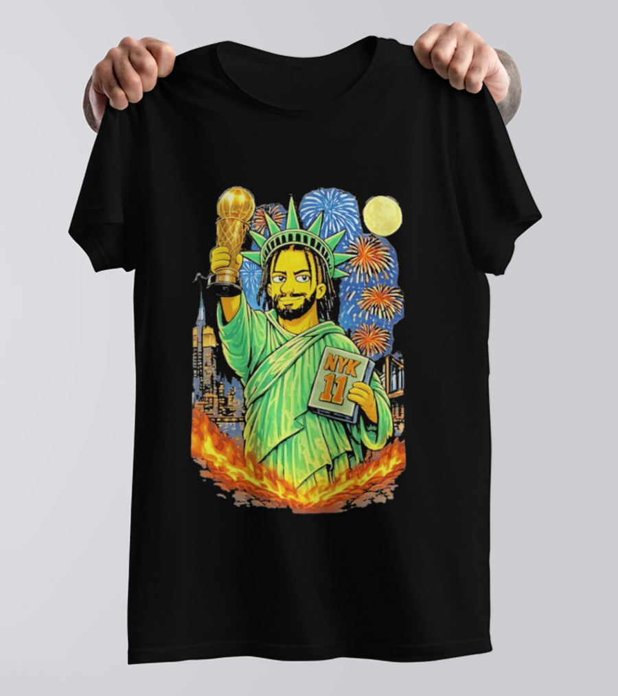 New York Knicks Jalen Brunson As Statue Of Liberty NYK 11 With Trophy And Fireworks T-Shirt