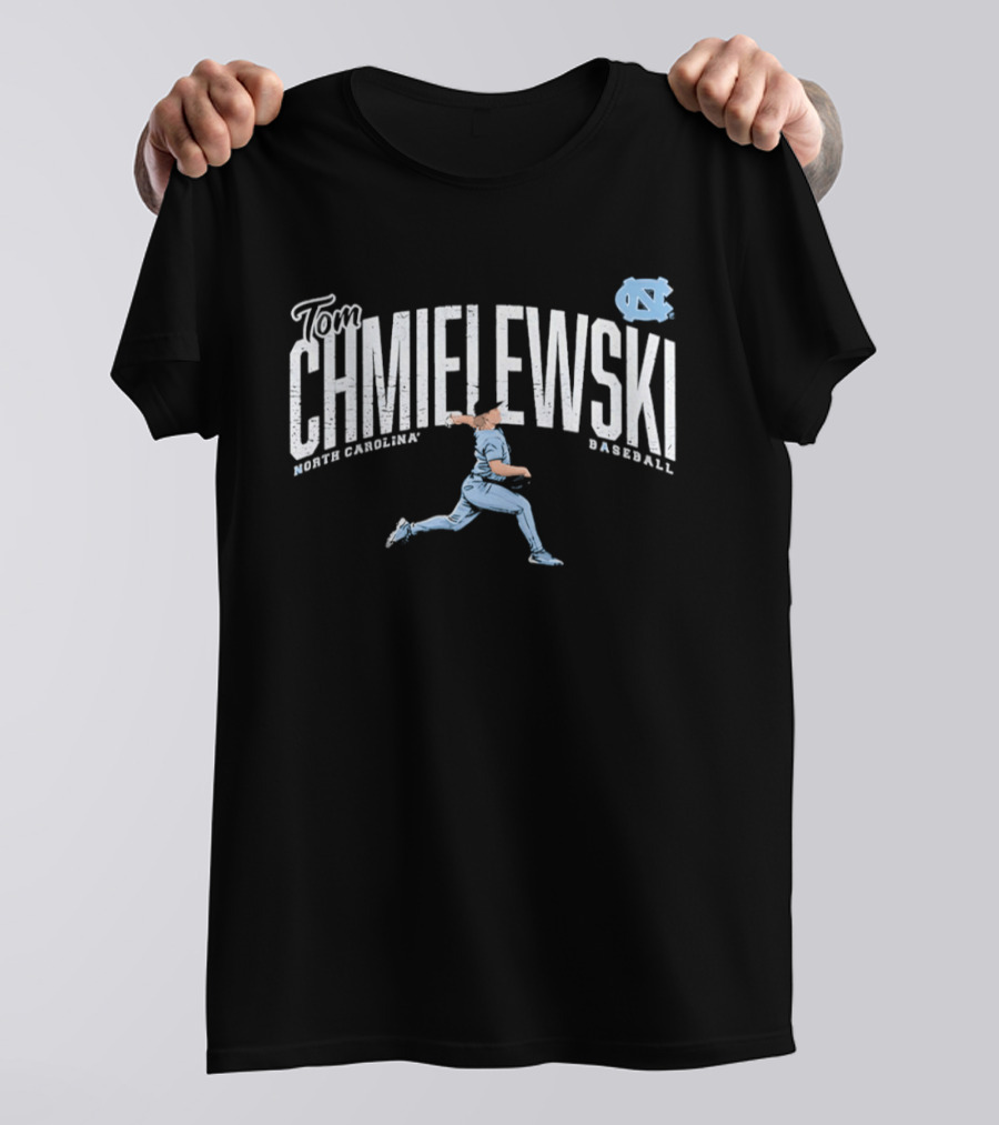North Carolina Baseball Tom Chmielewski Running Pose Graphic With UNC Tar Heels T-Shirt
