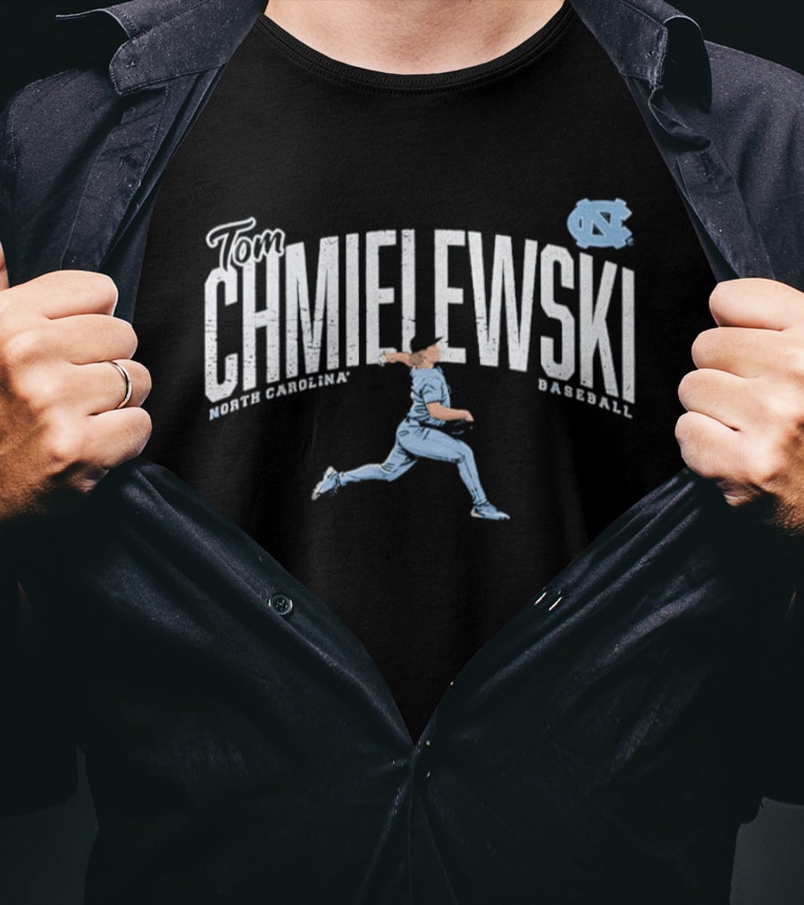 North Carolina Baseball Tom Chmielewski Running Pose Graphic With UNC Tar Heels T-Shirt