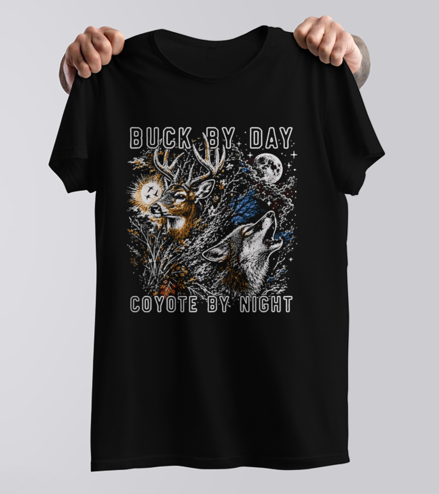 Buck By Day Coyote By Night Deer And Wolf Moon Scene T-Shirt
