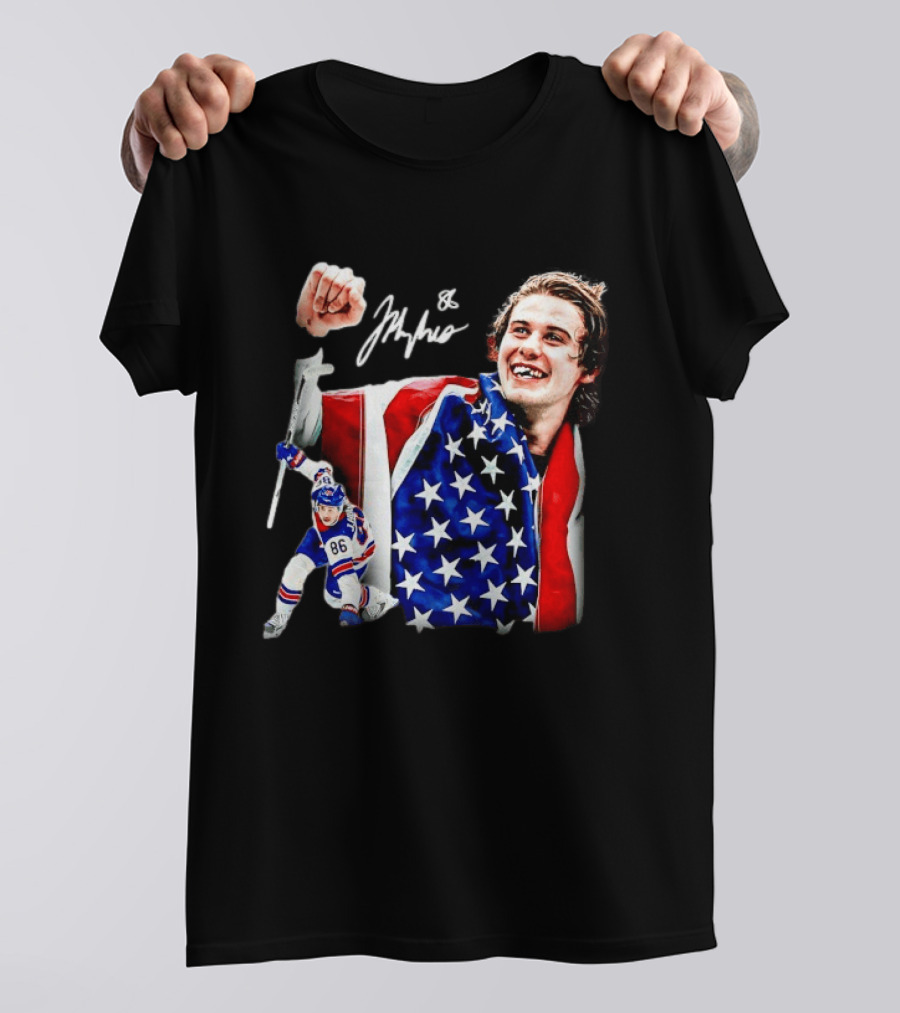 Jack Hughes New Jersey Devils USA Flag 86 Hockey Celebration T-Shirt