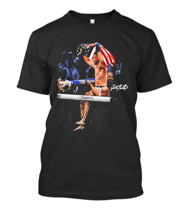 Justin Gaethje Celebrating With American Flag Victory Pose Signature Edition T-Shirt