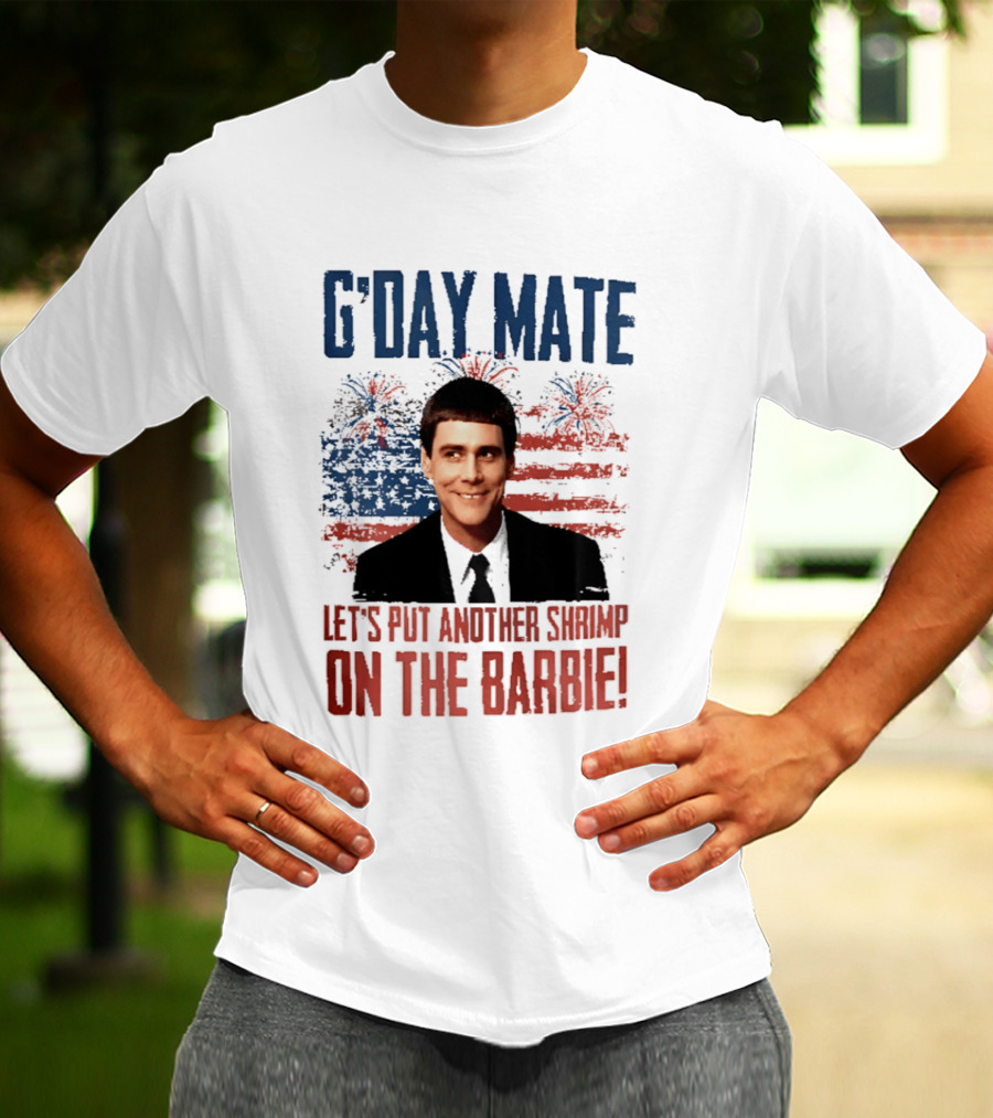 G'Day Mate Let's Put Another Shrimp On The Barbie 4th Of July With Stars And Stripes Fireworks T-Shirt
