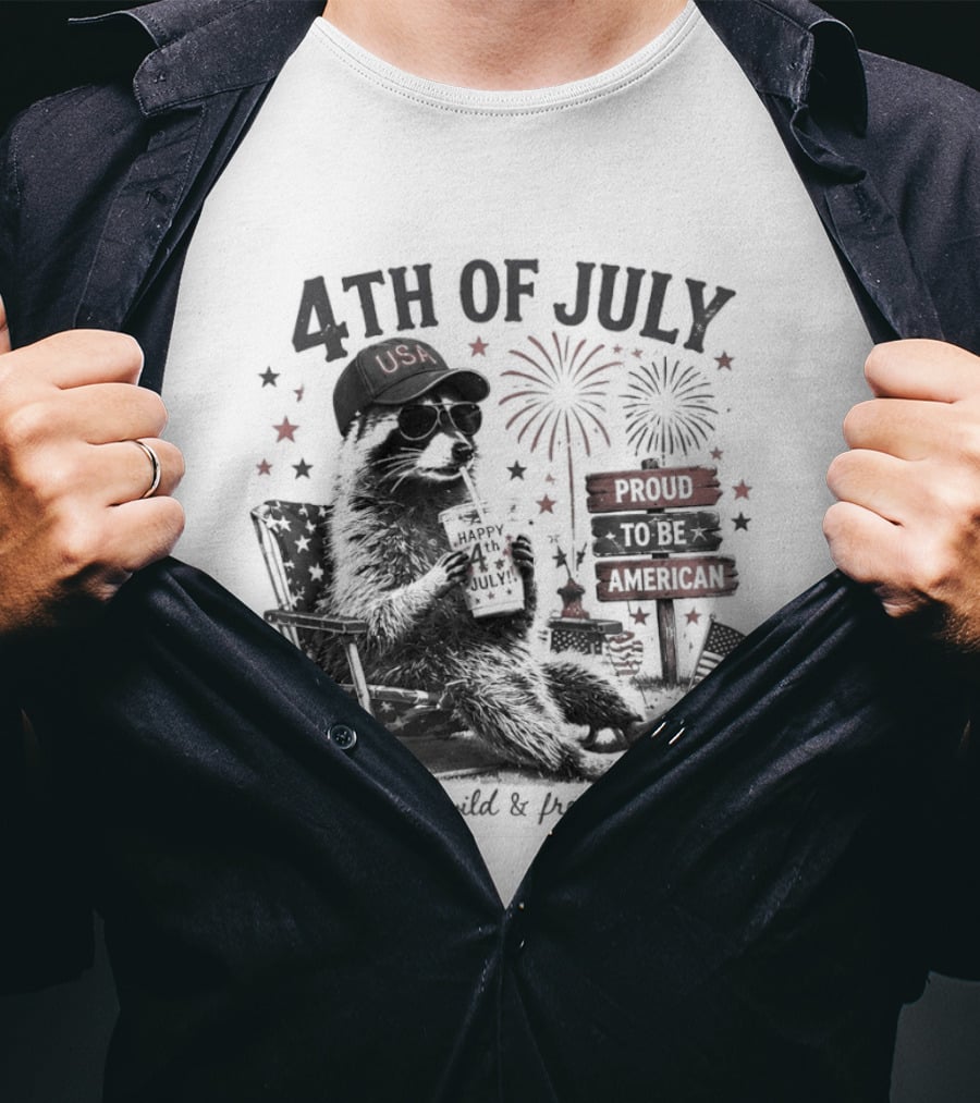 4th Of July Raccoon USA Hat Sunglasses Proud To Be American Est 1776 T-Shirt