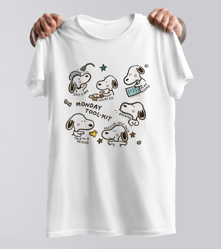 Snoopy Monday Tool Kit Self Care Nourish Relaxation Mental Health Positive Self Talk Plan Ahead T-Shirt