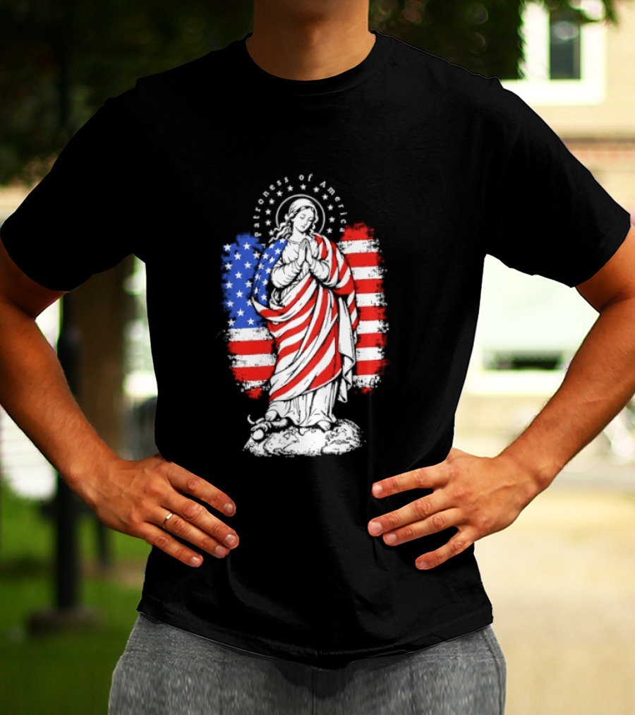 Blessed Virgin Mary Patroness Of The USA With American Flag Colors Catholic T-Shirt