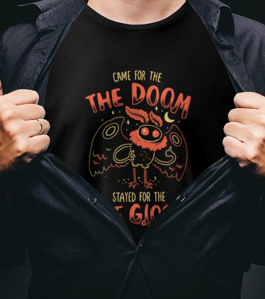 Came For The The Doom Stayed For The The Gloom Owl Cartoon With Crescent Moon And Stars T-Shirt