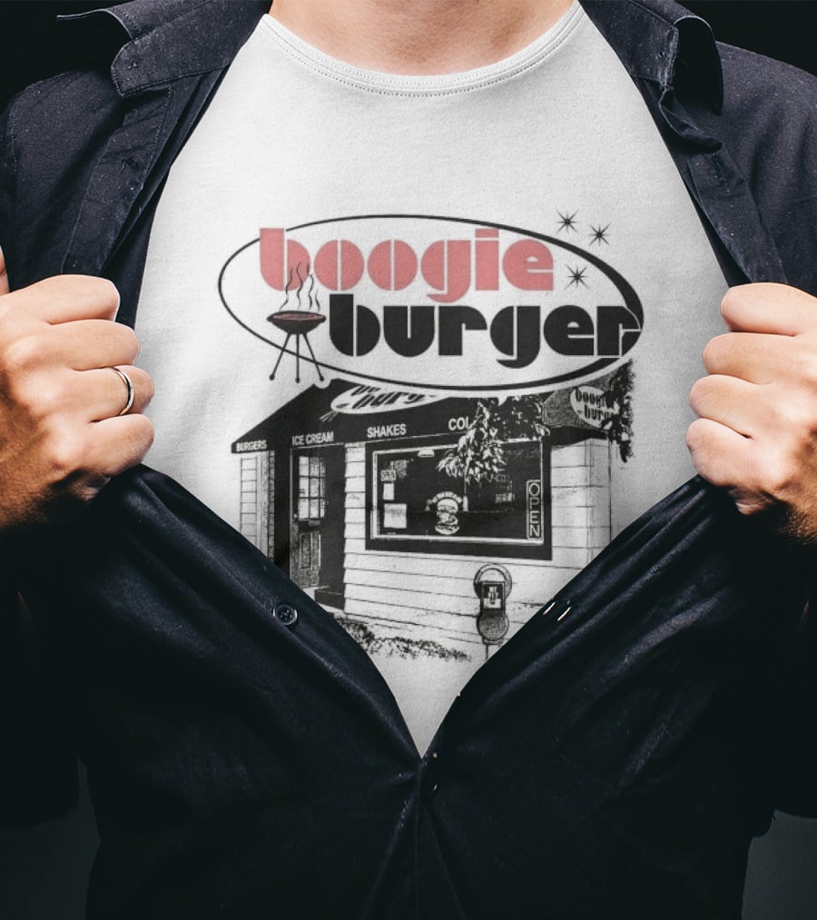 Boogie Burger BBQ Rustic Cabin Scene T-Shirt