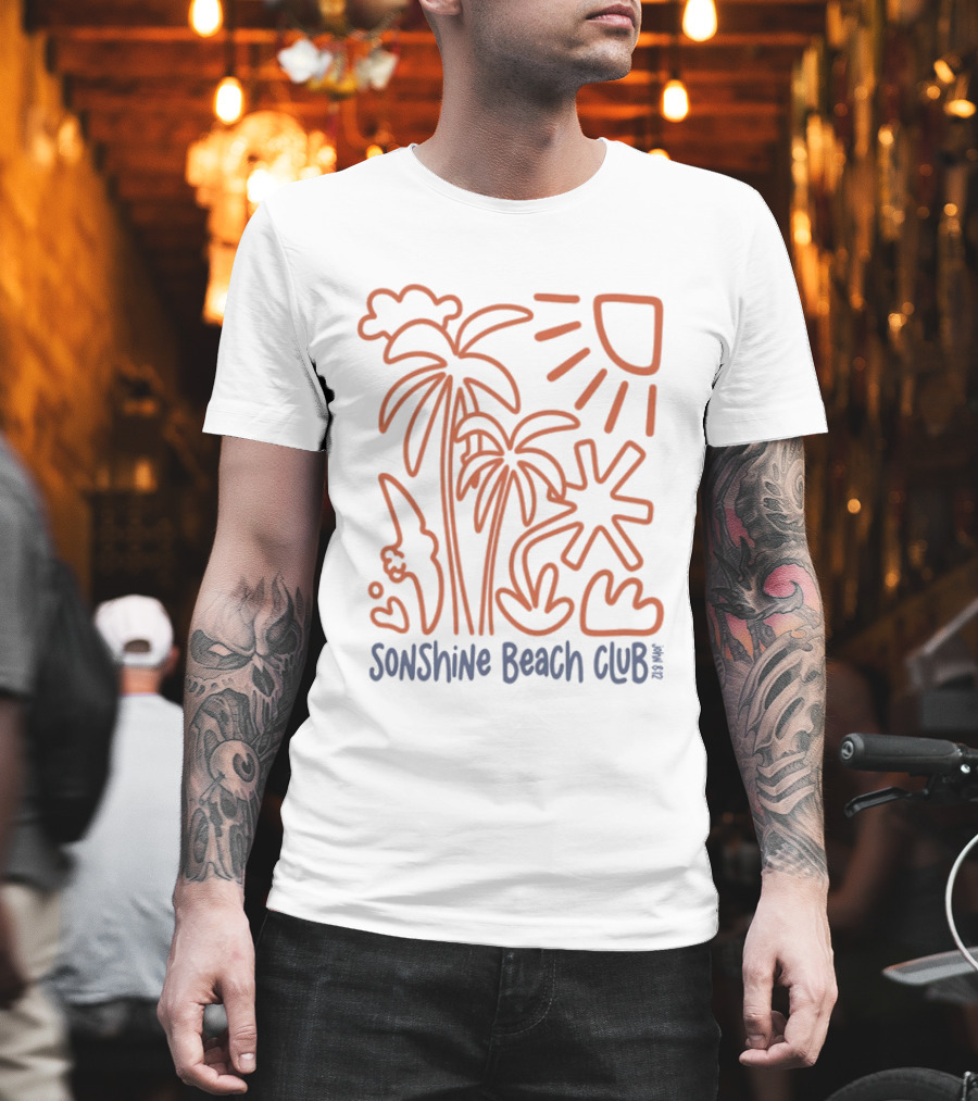 Five2 Sonshine Beach Club Palm Trees Sun And Surf Vibes T-Shirt