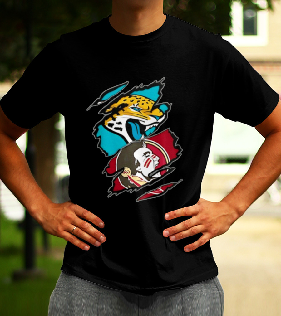 Jacksonville Jaguars Florida State Seminoles Two Teams One Heart Scratch T-Shirt