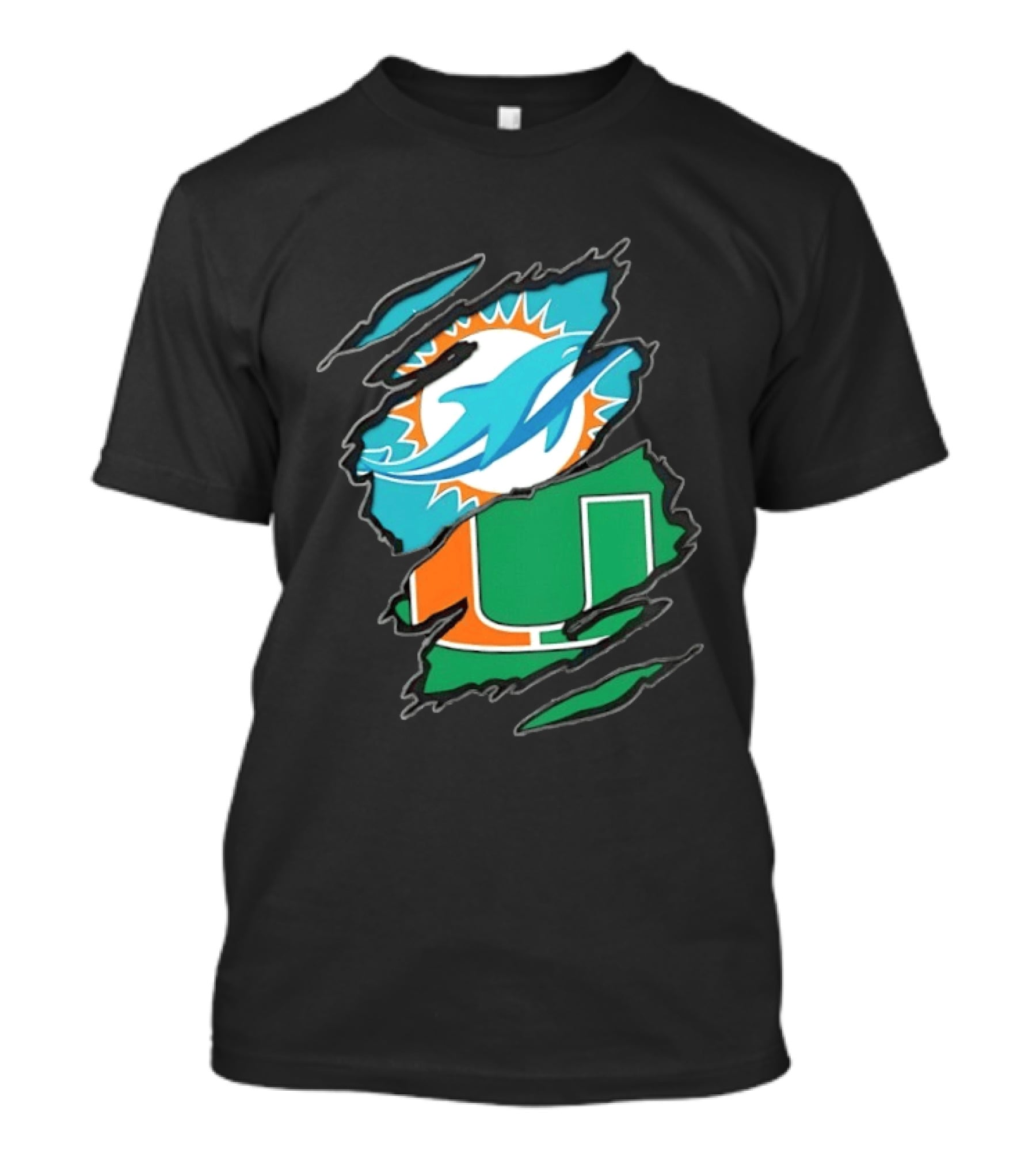 Miami Dolphins And Miami Hurricanes Two Teams One Heart Scratch T-Shirt