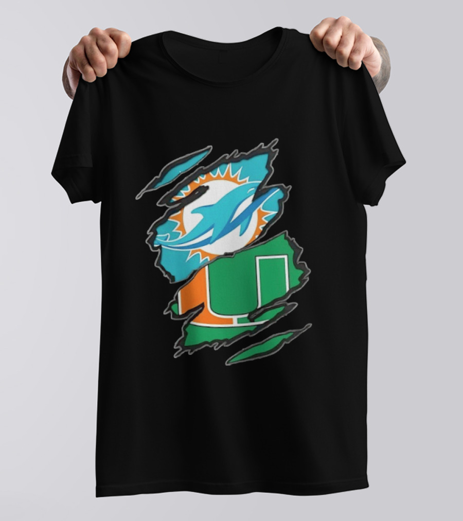 Miami Dolphins And Miami Hurricanes Two Teams One Heart Scratch T-Shirt