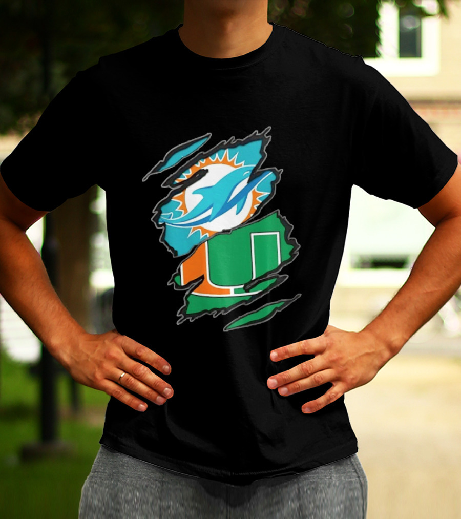 Miami Dolphins And Miami Hurricanes Two Teams One Heart Scratch T-Shirt