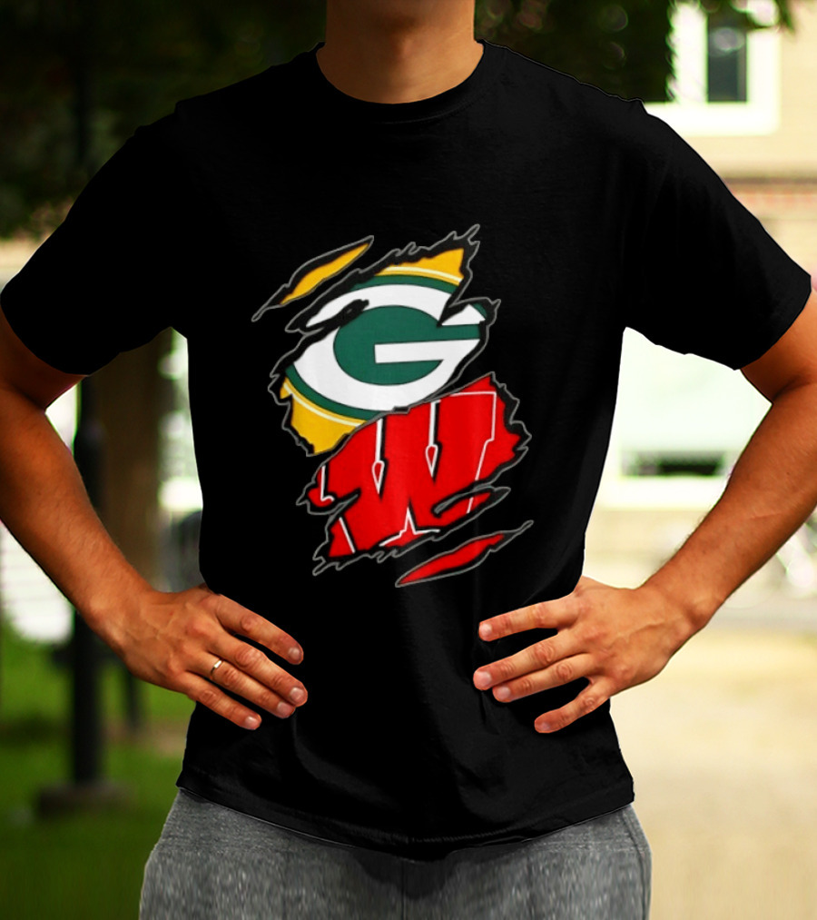 Green Bay Packers Wisconsin Badgers Two Teams One Heart Scratch T-Shirt