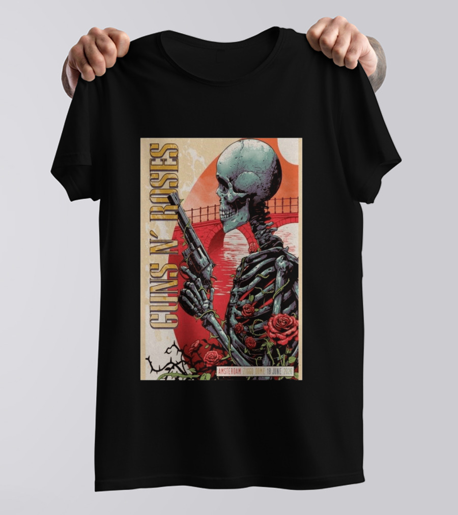 Guns N' Roses Amsterdam 18 June 2026 Ziggo Dome Skeleton With Gun And Roses T-Shirt