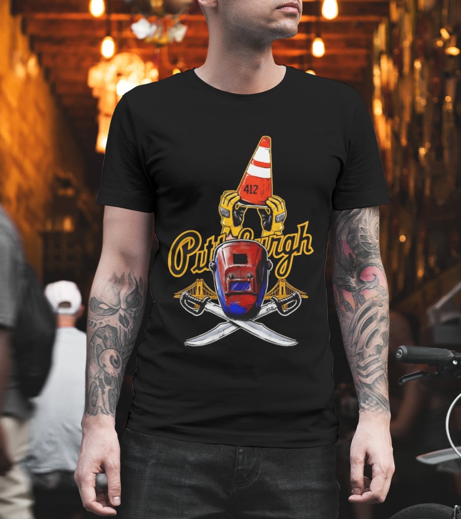 Pittsburgh 412 Welding Mask Construction Cone Crossed Swords Yellow Bridge T-Shirt