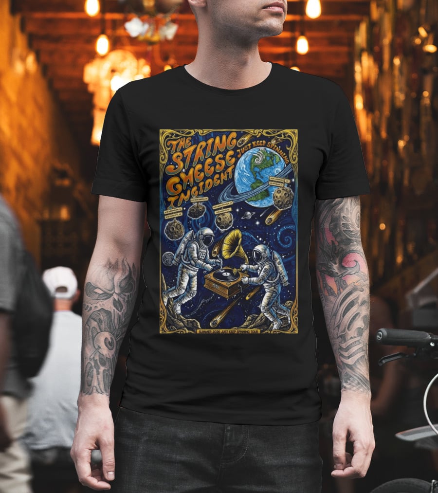 The String Cheese Incident Summer 2026 Just Keep Spinning Tour Astronauts Vinyl Planet T-Shirt