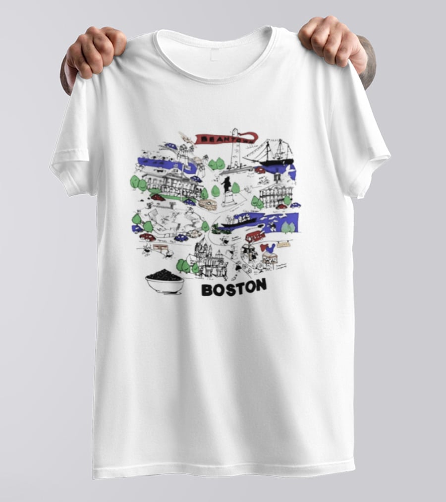 Beantown Boston Skyline Map Massachusetts Souvenir Bridge Boat Trees T-Shirt