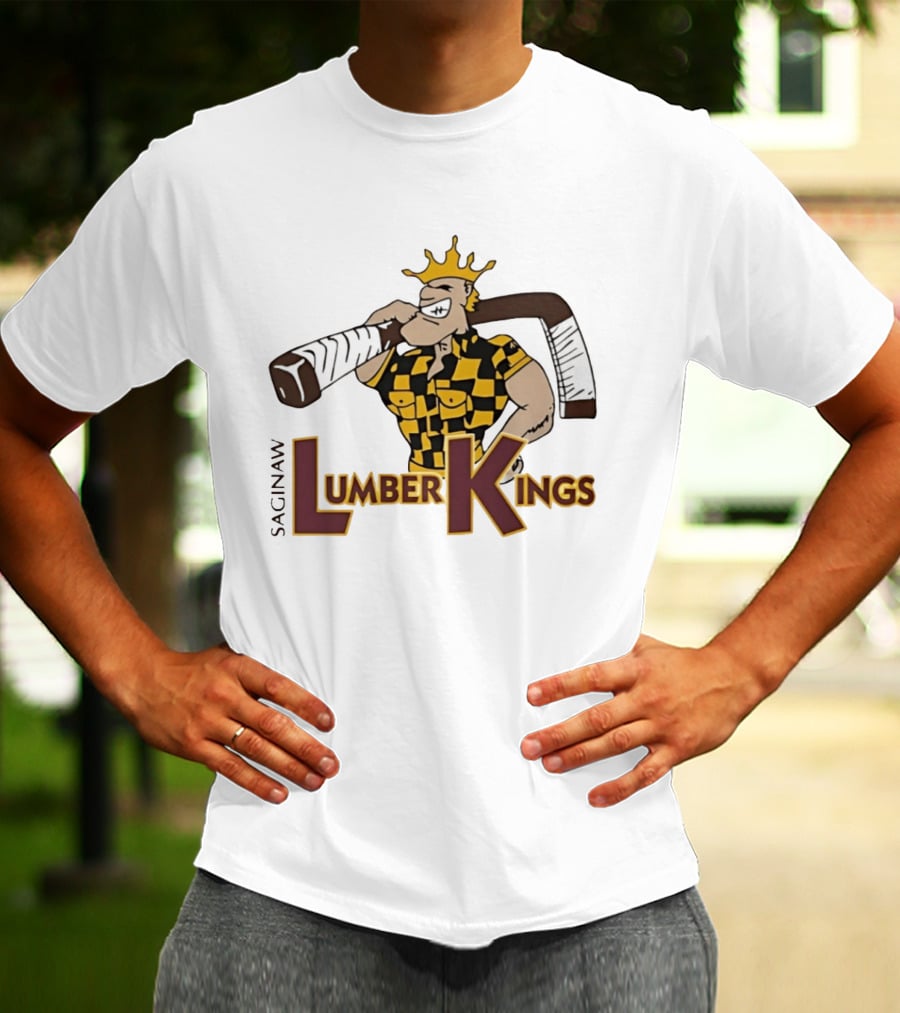 Saginaw Lumber Kings Hockey Team Logo Player With Crown And Hockey Stick T-Shirt