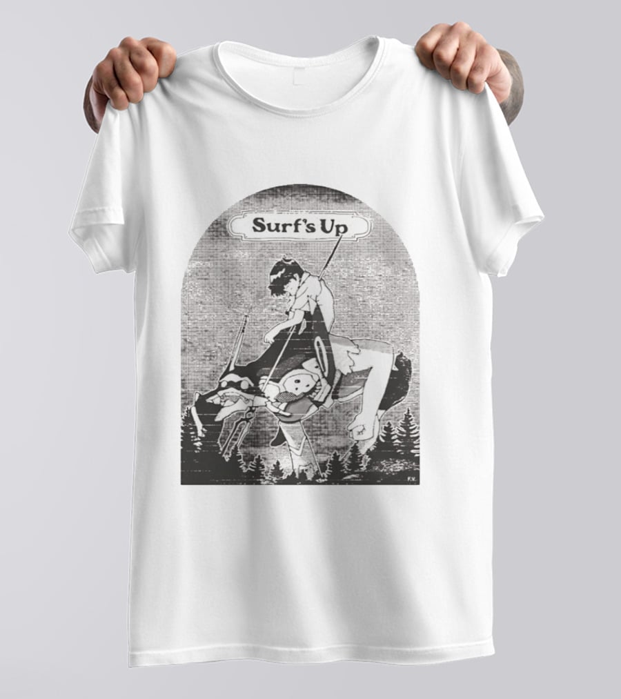 Surf's Up Anime Style Riding Adventure Black And White T-Shirt