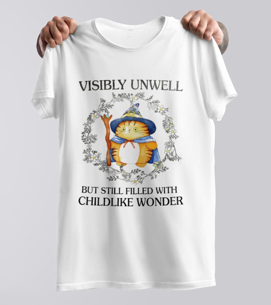 Visibly Unwell Cat With Childlike Wonder Wizard Hat And Cloak T-Shirt