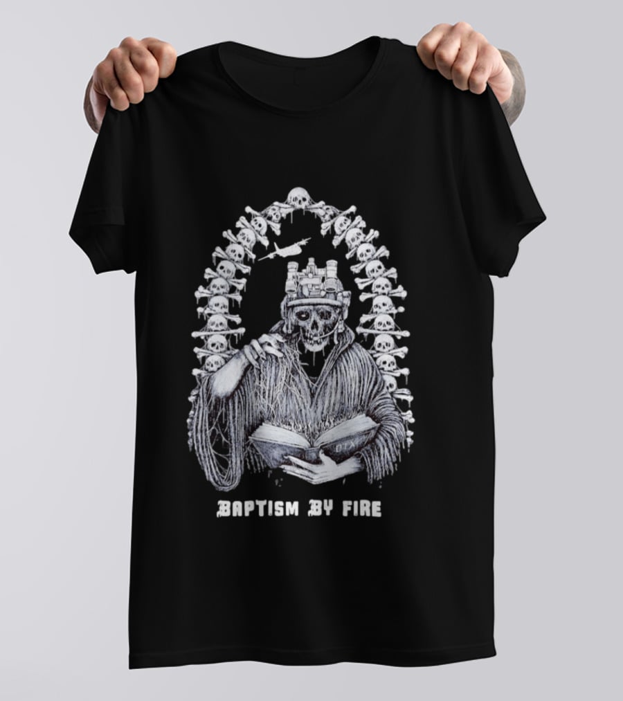 Baptism By Fire Skeleton Soldier Night Vision Goggles Book And Skulls T-Shirt