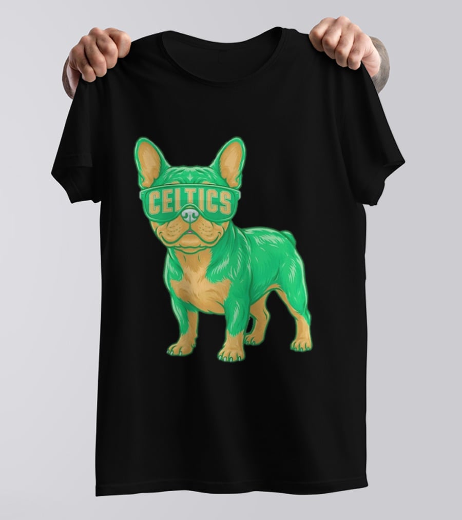 Boston Celtics French Bulldog Wearing Celtics Glasses T-Shirt