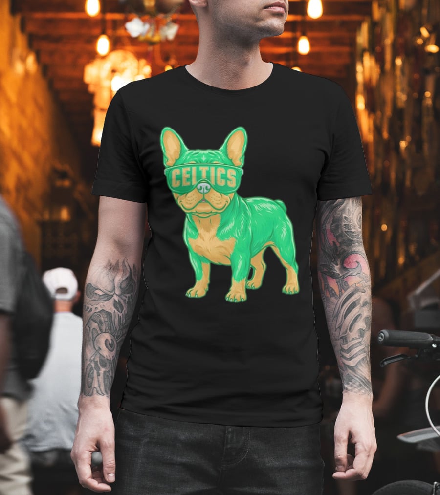 Boston Celtics French Bulldog Wearing Celtics Glasses T-Shirt
