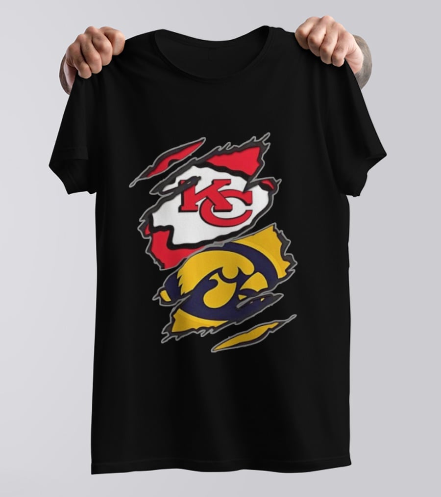 Kansas City Chiefs And Iowa Hawkeyes Two Teams One Heart Scratch KC Logo Iowa T-Shirt