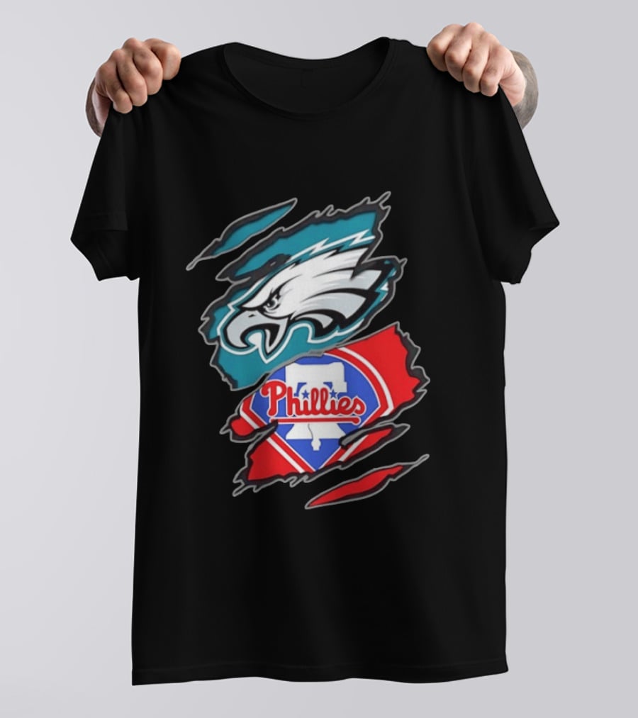 Philadelphia Eagles And Philadelphia Phillies Two Teams One Heart Scratch Logo Fusion T-Shirt