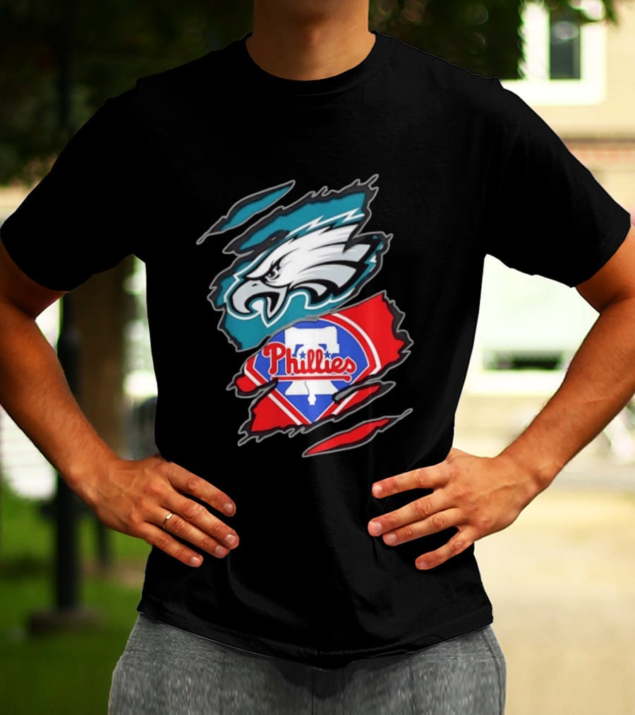 Philadelphia Eagles And Philadelphia Phillies Two Teams One Heart Scratch Logo Fusion T-Shirt