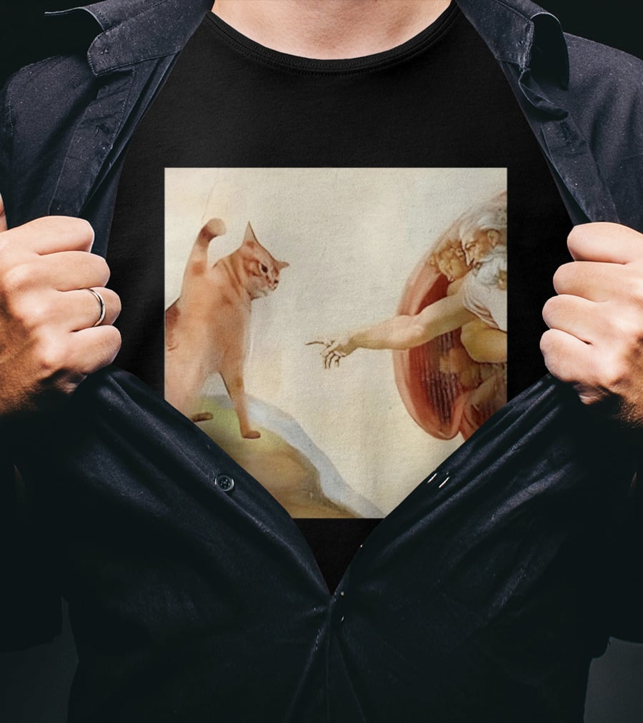 Floppa Meets Creation In Iconic God Touching Fingers Scene T-Shirt
