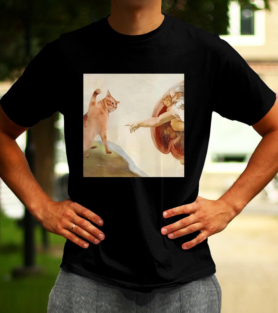 Floppa Meets Creation In Iconic God Touching Fingers Scene T-Shirt
