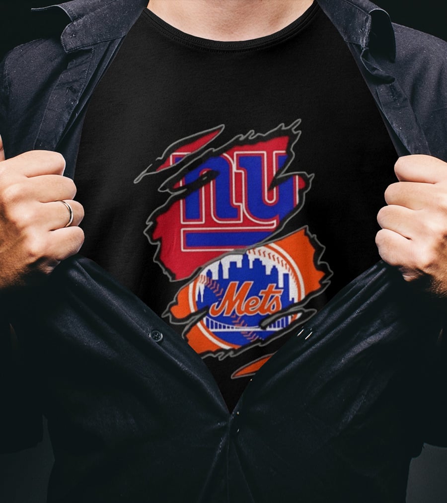 New York Giants New York Mets Two Teams One Heart Scratch T-Shirt
