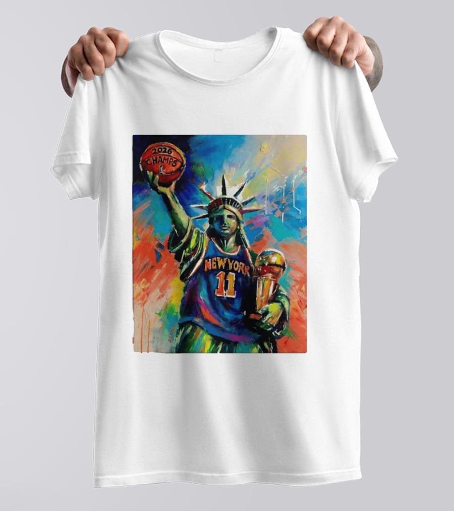 New York Knicks 11 Statue Of Liberty 2026 Champs Trophy Basketball T-Shirt
