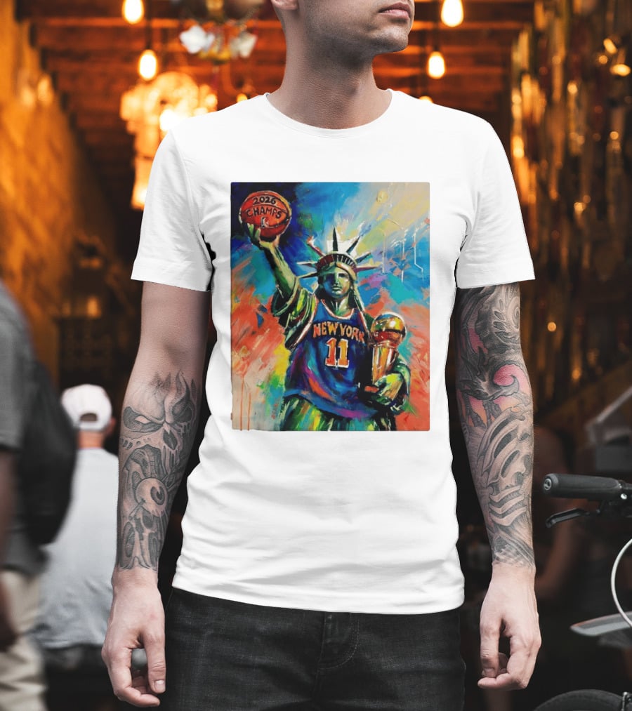 New York Knicks 11 Statue Of Liberty 2026 Champs Trophy Basketball T-Shirt