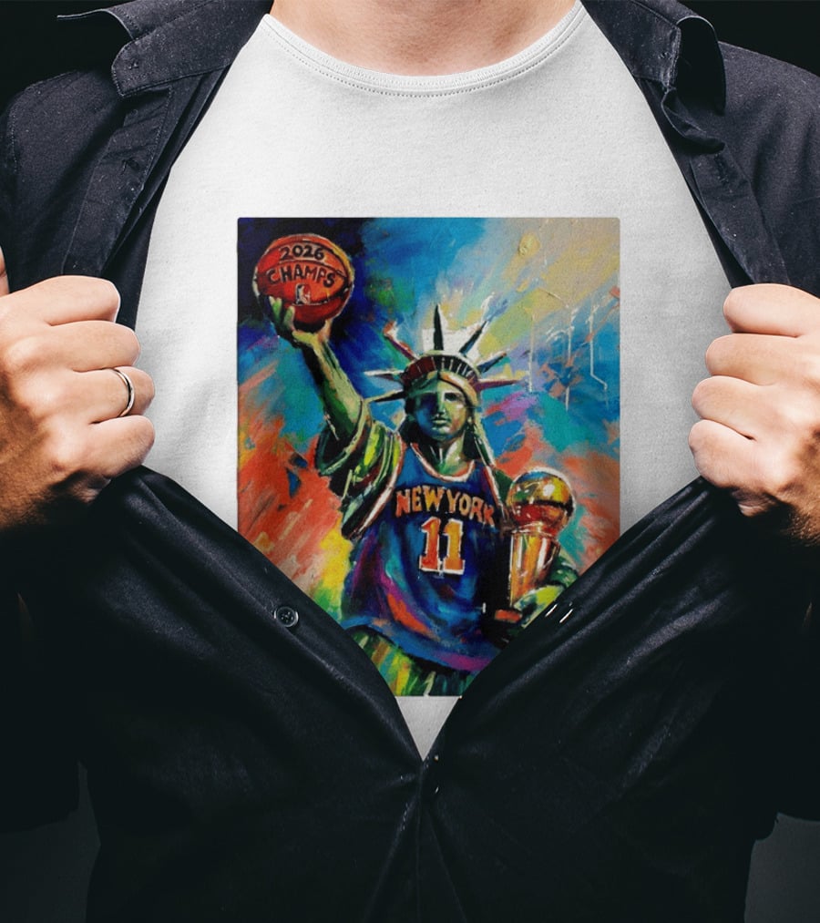 New York Knicks 11 Statue Of Liberty 2026 Champs Trophy Basketball T-Shirt