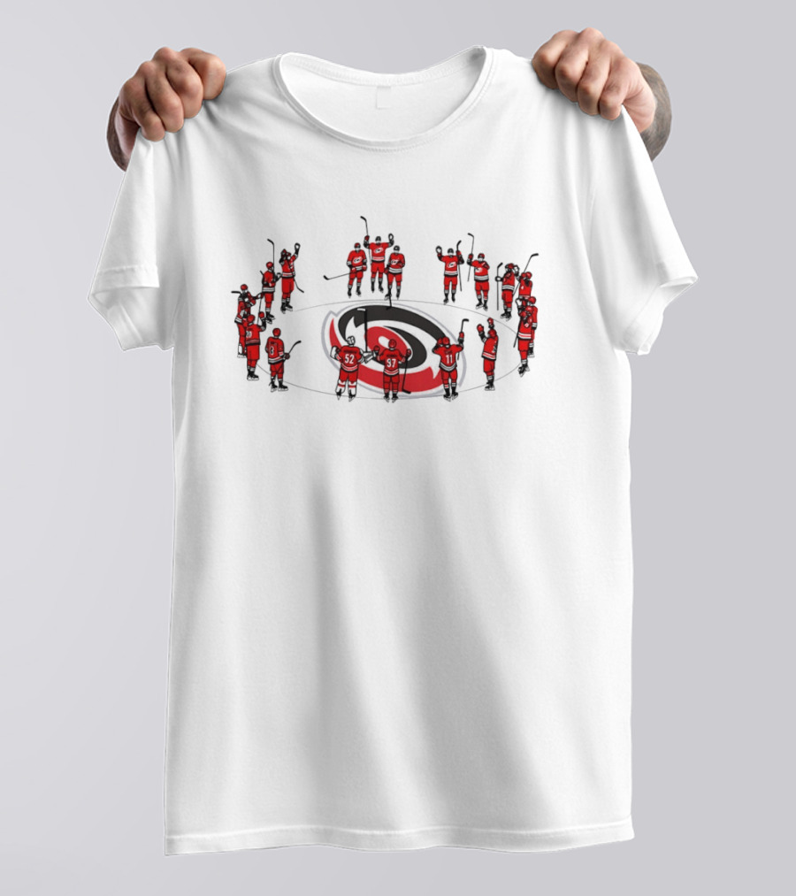 Carolina Hurricanes Team Celebrating On Logo Ice Hockey Scene T-Shirt