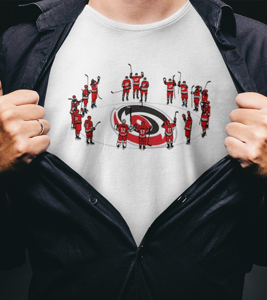 Carolina Hurricanes Team Celebrating On Logo Ice Hockey Scene T-Shirt