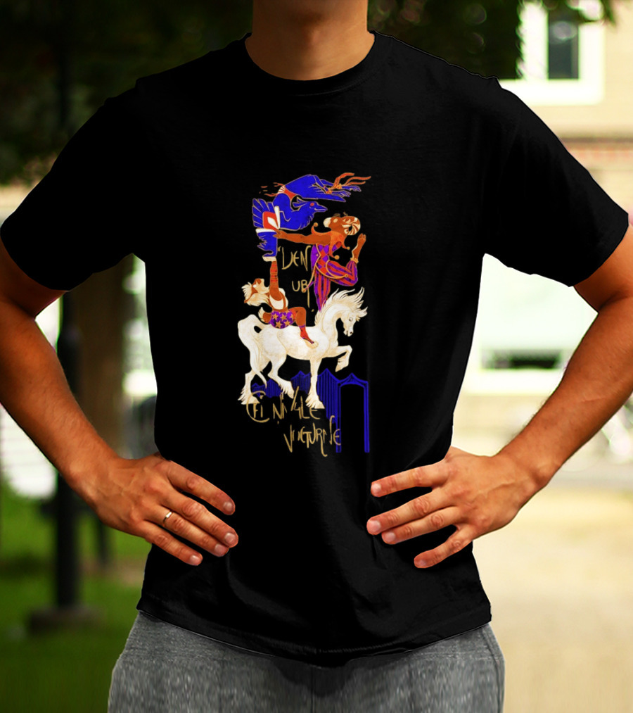 Cirque Style Acrobats On Horseback With Blue And Gold Accents T-Shirt