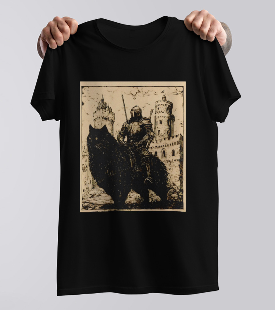 Knight Riding Giant Cat In Medieval Fantasy Castle Scene T-Shirt