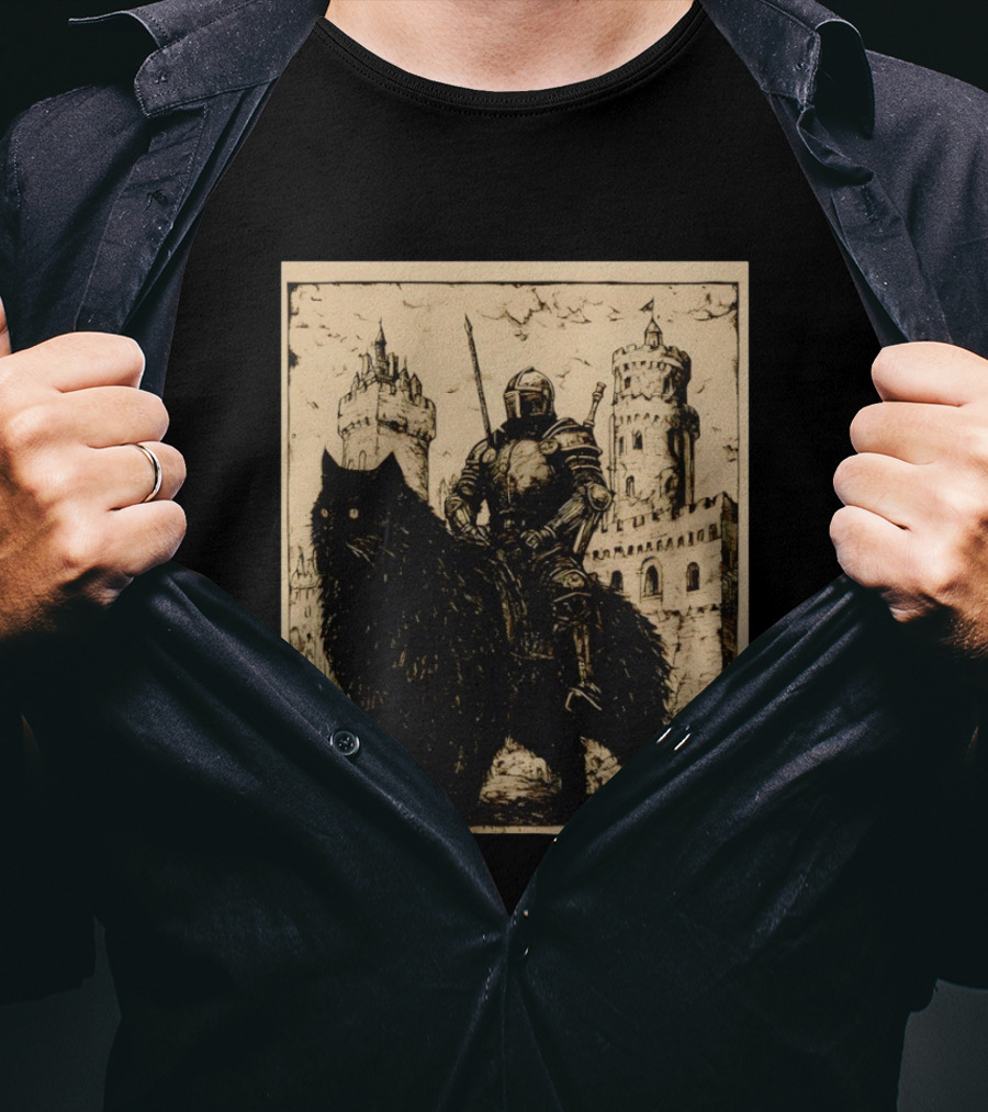 Knight Riding Giant Cat In Medieval Fantasy Castle Scene T-Shirt