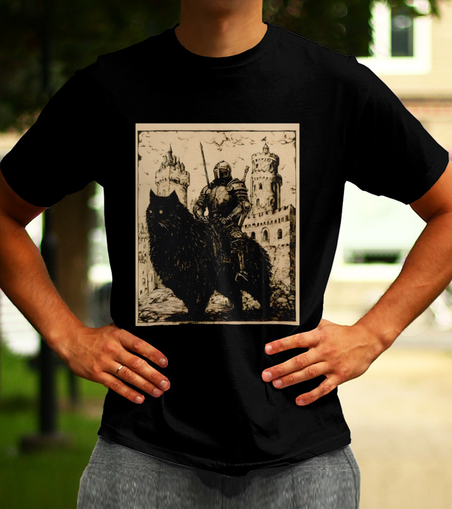 Knight Riding Giant Cat In Medieval Fantasy Castle Scene T-Shirt