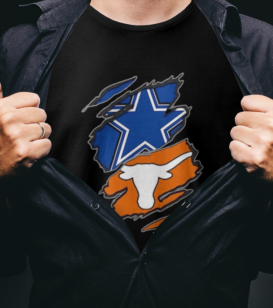 Dallas Cowboys Texas Longhorns Two Teams One Heart Scratch Torn Star Helmet T-Shirt