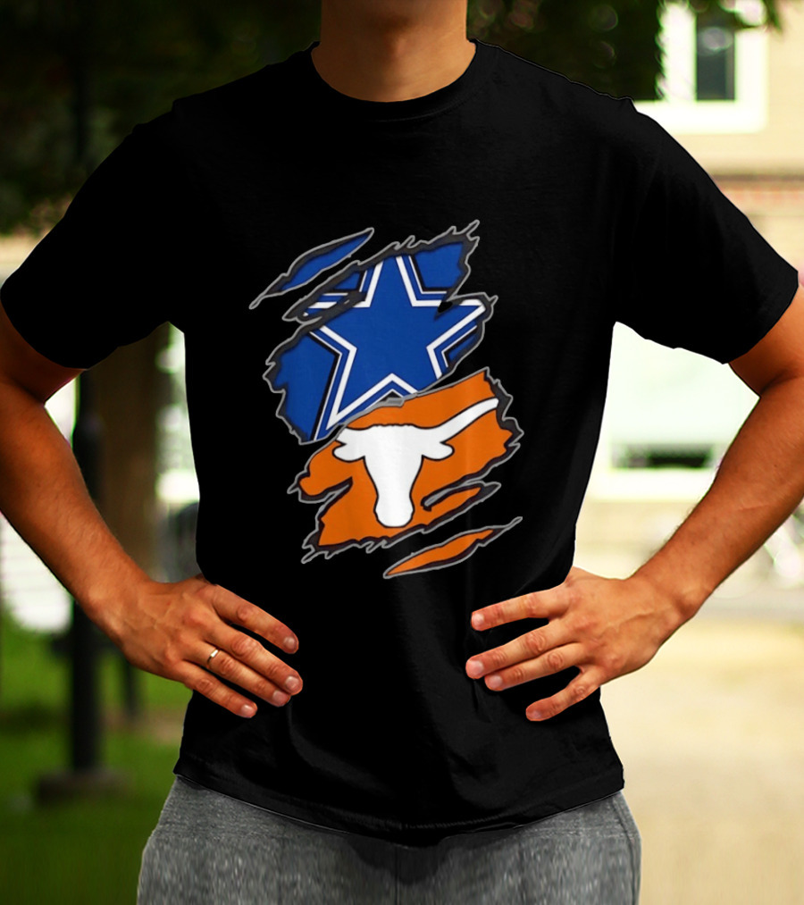 Dallas Cowboys Texas Longhorns Two Teams One Heart Scratch Torn Star Helmet T-Shirt