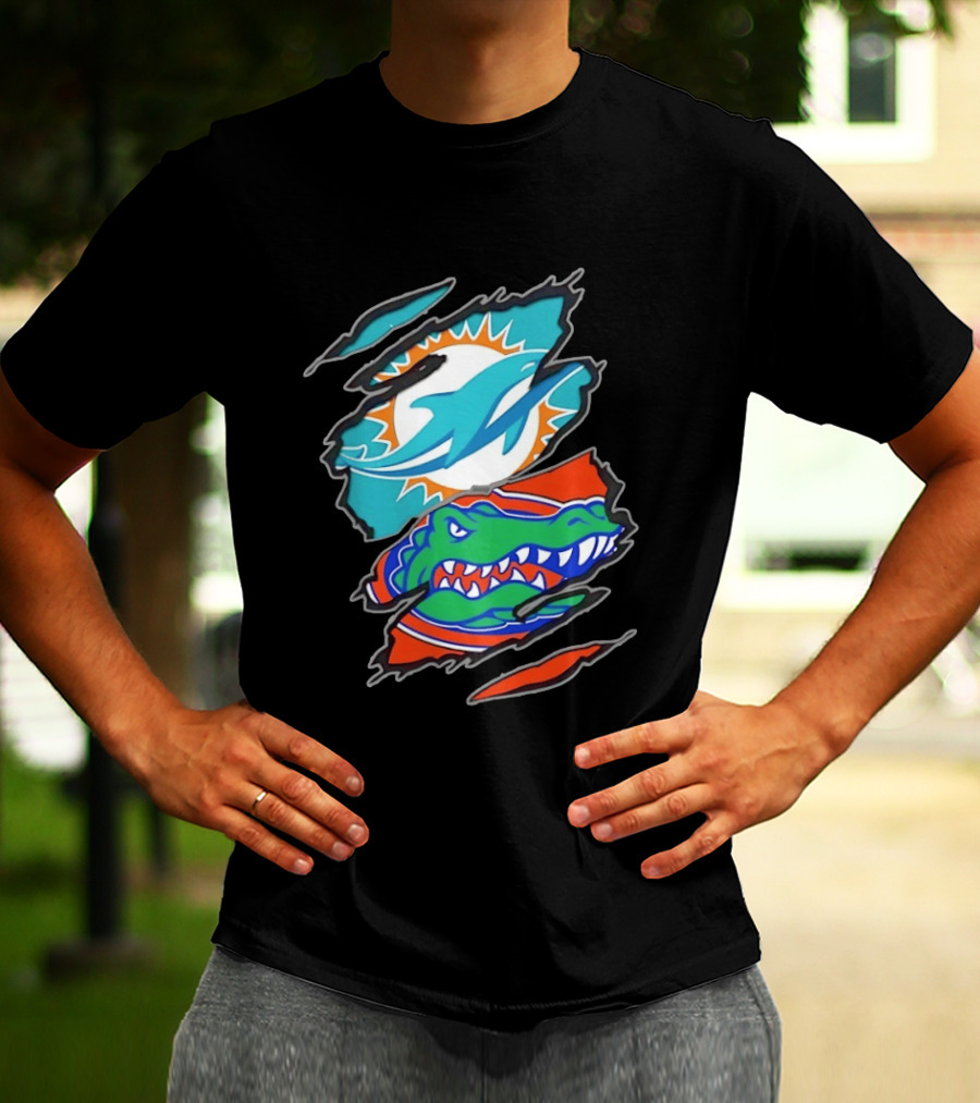 Miami Dolphins Florida Gators Two Teams One Heart Scratch T-Shirt