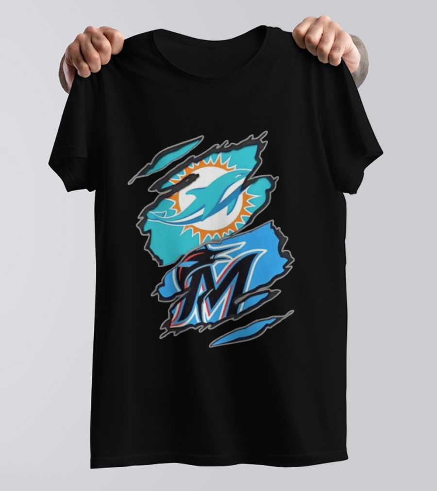Miami Dolphins Miami Marlins Two Teams One Heart Scratch Marks T-Shirt