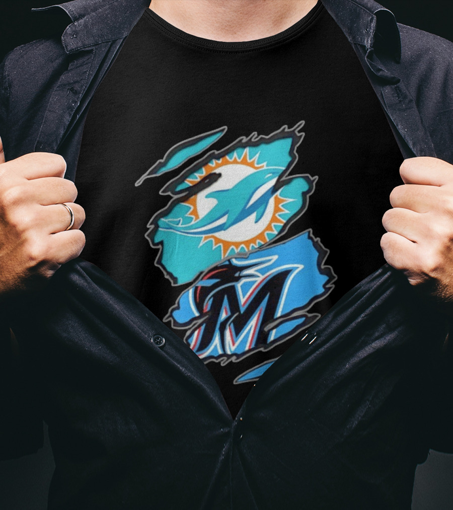 Miami Dolphins Miami Marlins Two Teams One Heart Scratch Marks T-Shirt