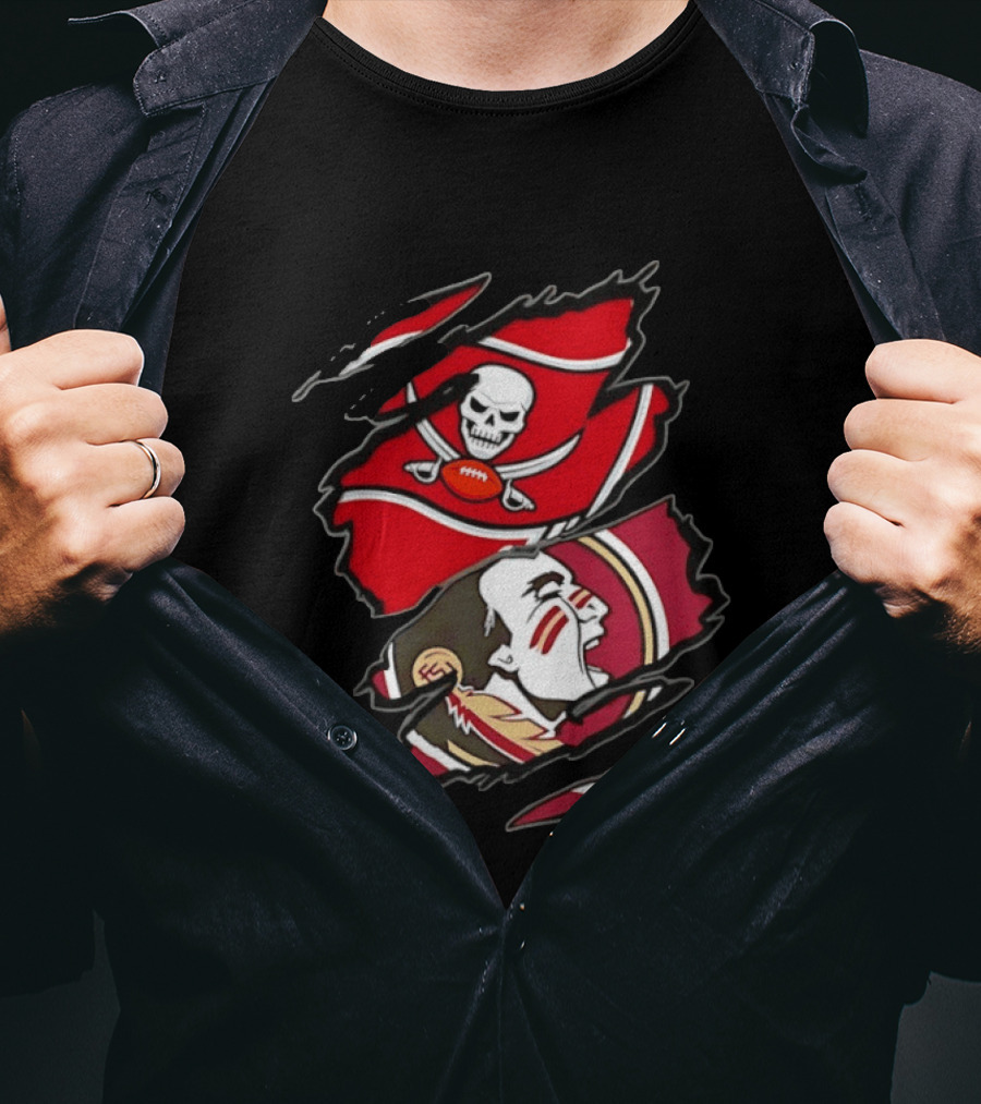 Tampa Bay Buccaneers And Florida State Seminoles Two Teams One Heart Scratch Skull Flag Warrior Face T-Shirt