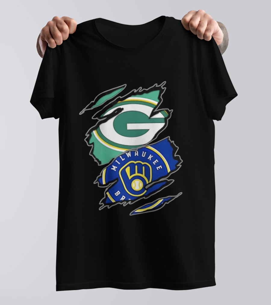 Green Bay Packers Milwaukee Brewers Two Teams One Heart Scratch T-Shirt